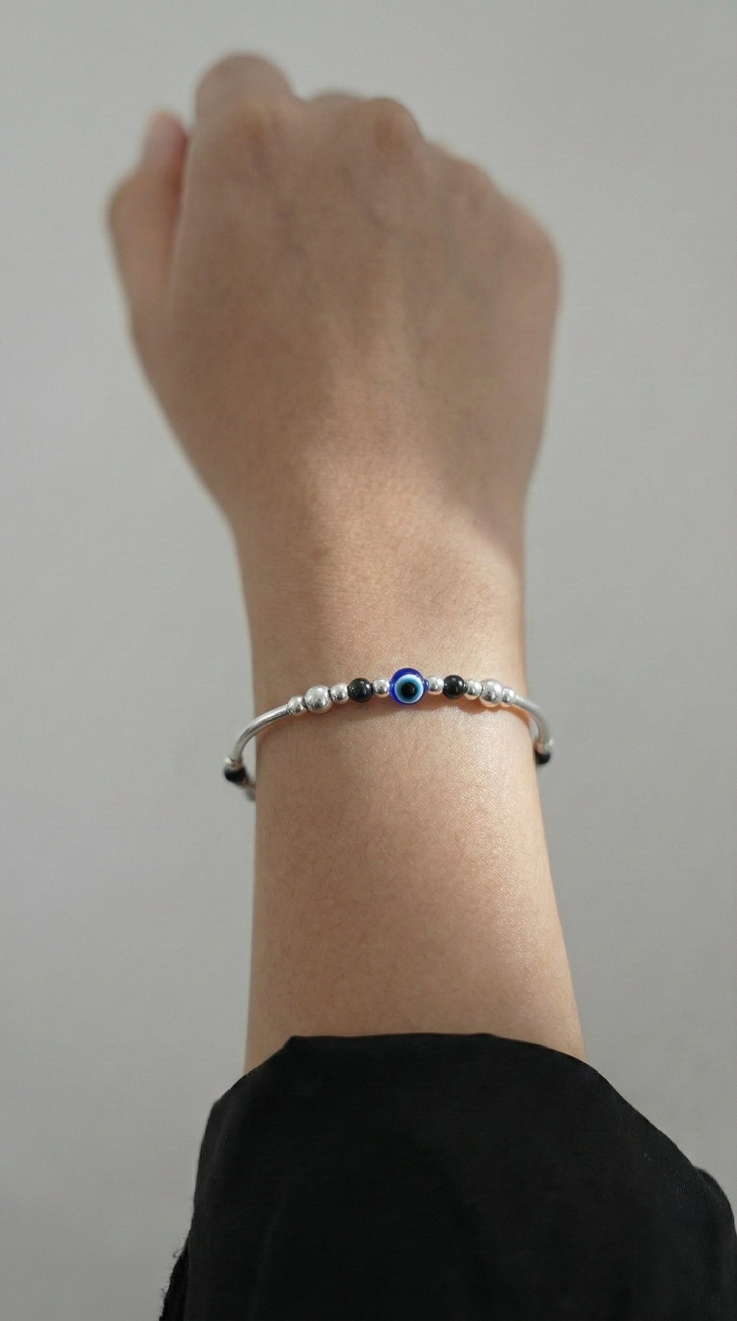 Minimalist Silver Evil Eye Nazar Charm Bangle