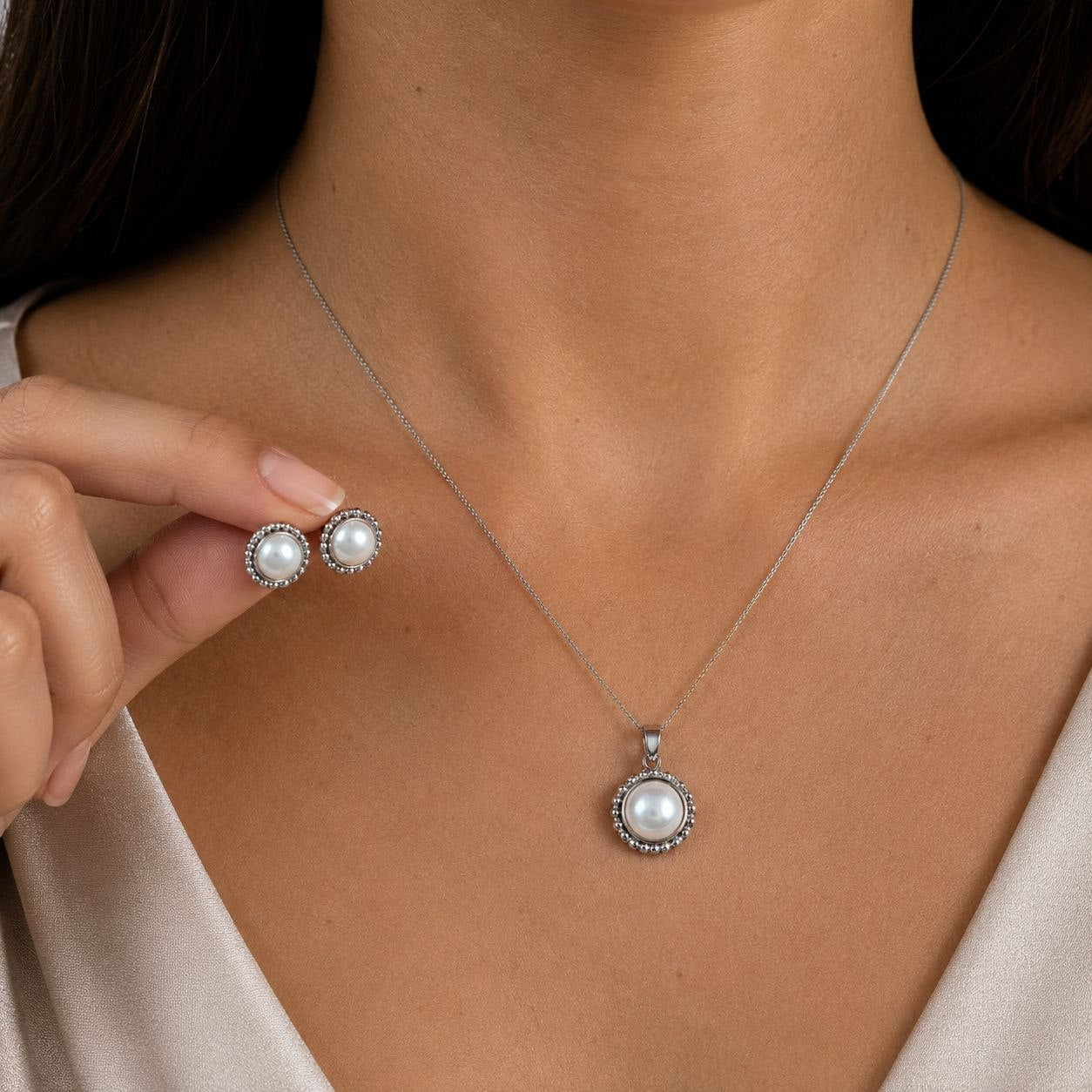 Pearl Flower Pendant Set 925 Silver