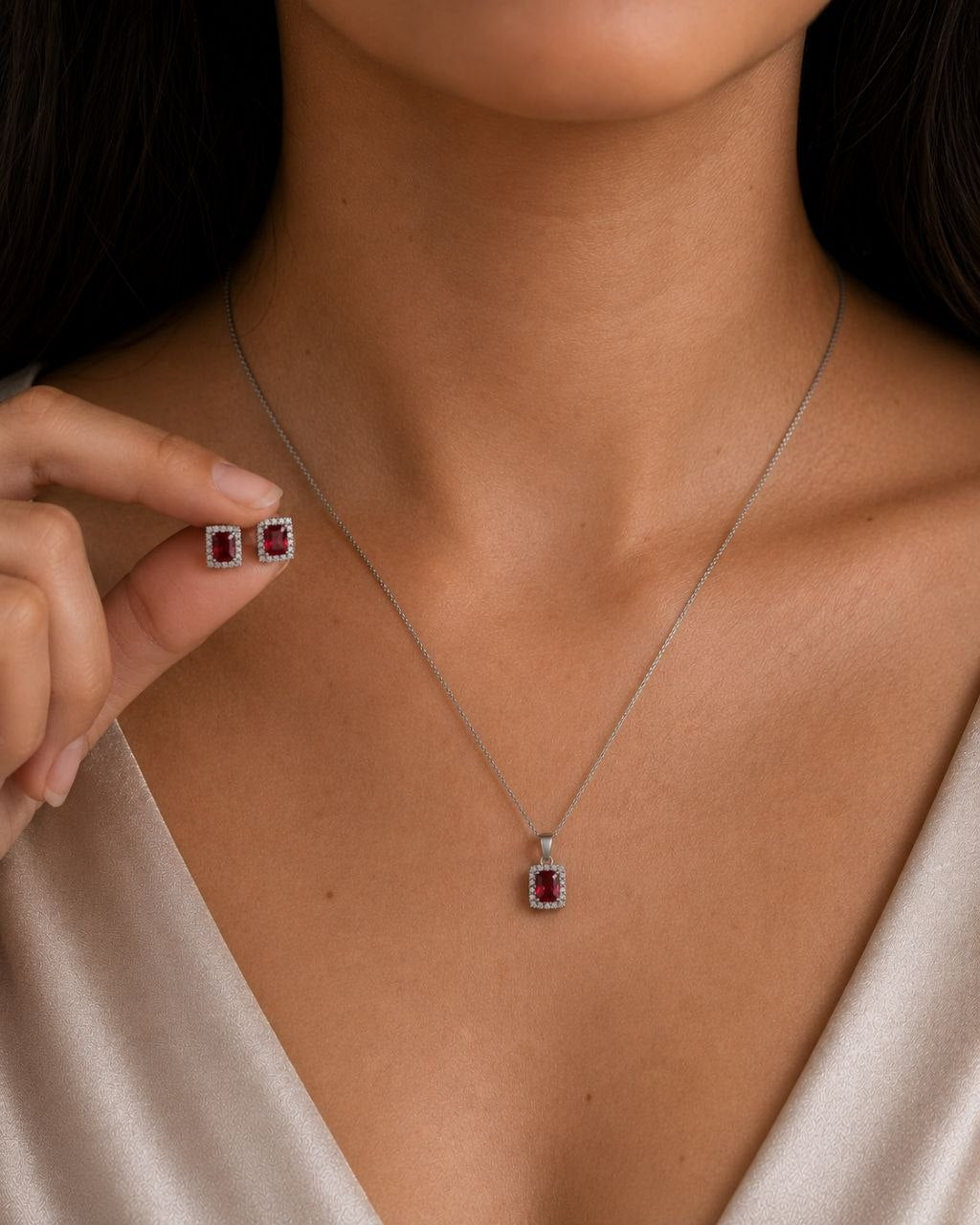 Square Ruby Halo Pendant Set 925 Silver