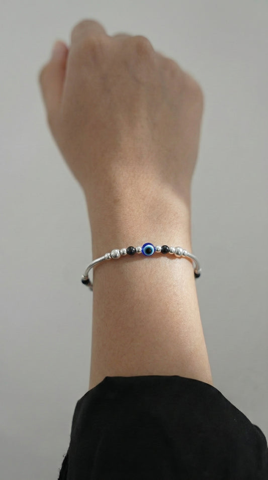 Minimalist Silver Evil Eye Nazar Charm Bangle