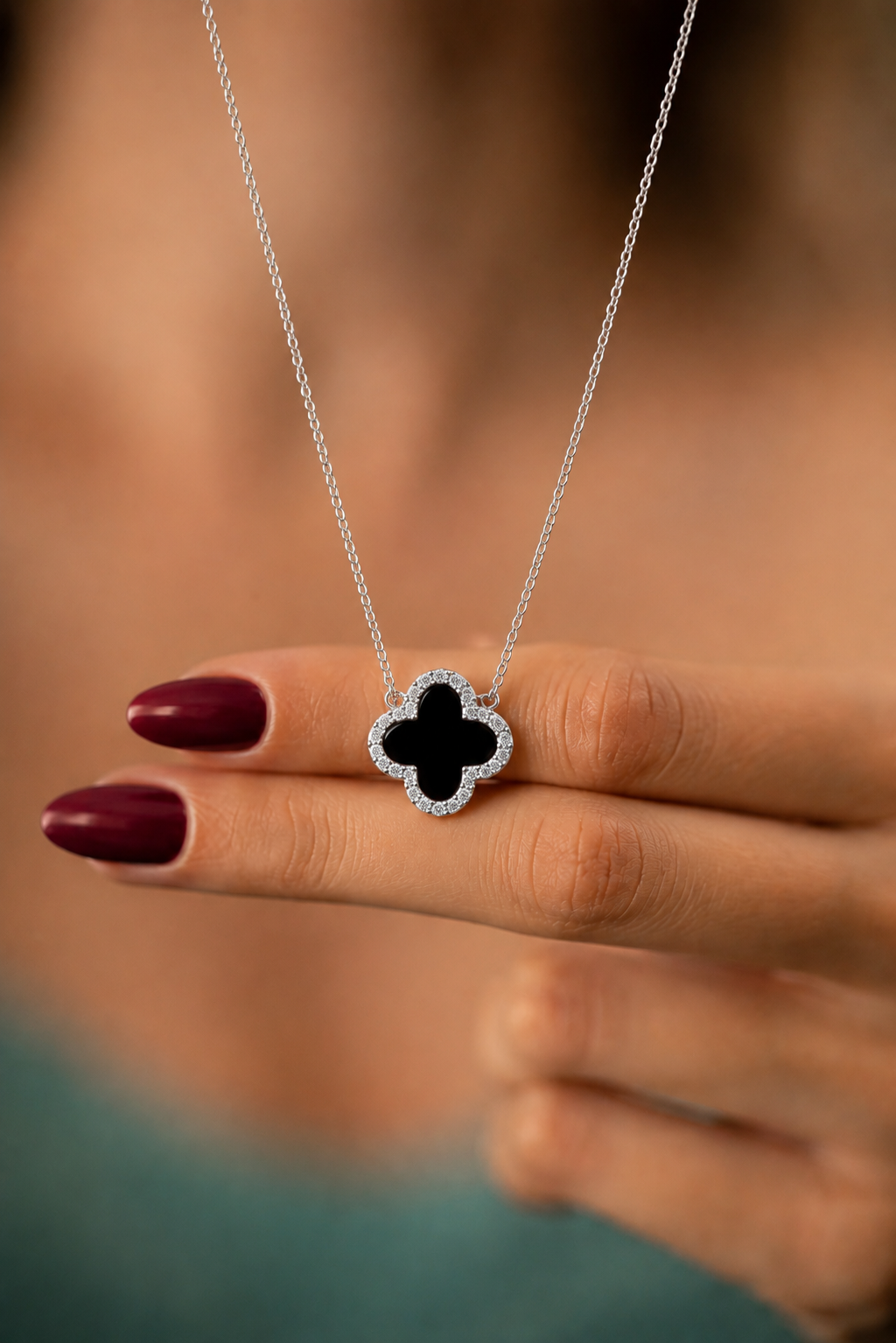 Black Clover Pendant with Chain 925 Silver